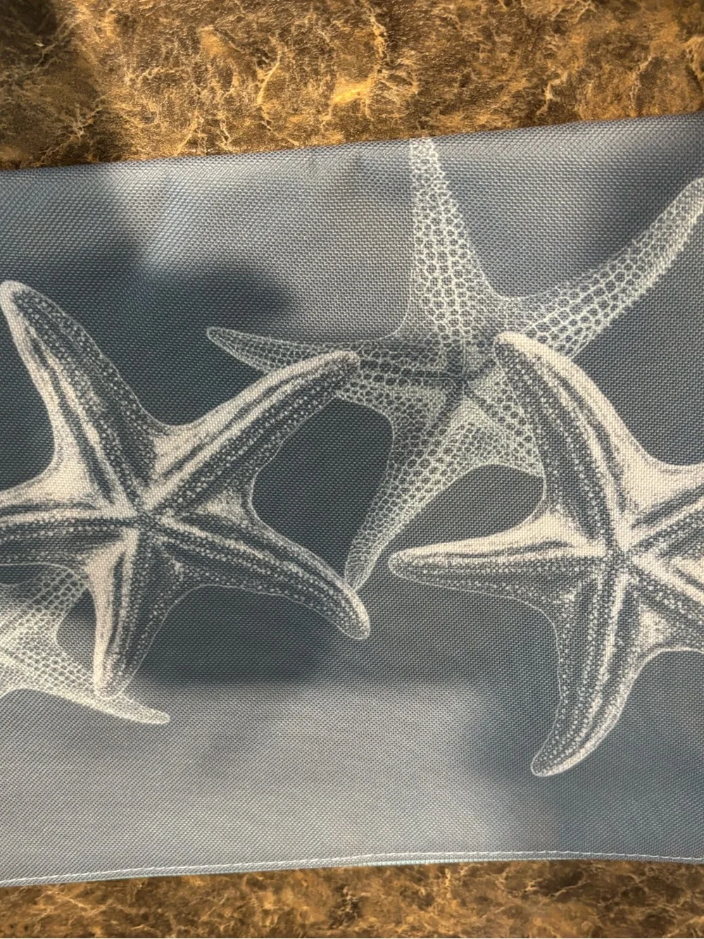 Starfish Print Coastal Wet/Dry Pouch in Slate Blue. 12” x 9”